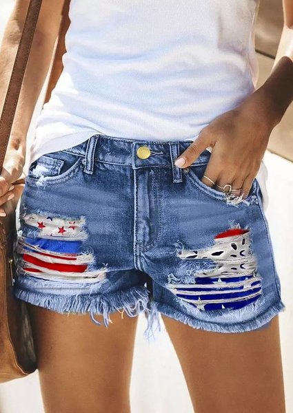 

Washed loose casual printed denim shorts, Blue, Shorts