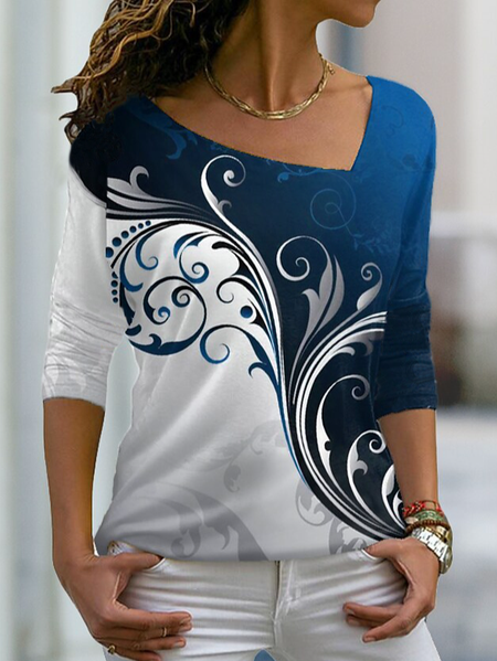 

Floral Cotton Blends Casual V Neck T-shirt, Blue, Tops