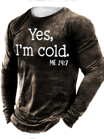 

Casual Slim Text Digital Printing Round Neck Long Sleeve Pullover Men's T-shirt, Brown, Men's Top