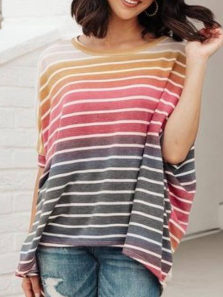 

Long Sleeve Striped Casual Round Neck Tops, Multicolor, Tops