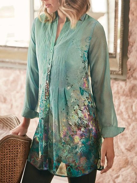 

Casual Floral Chiffon Shirt Collar Long sleeve Shirts & Tops, Green, Blouses & Shirts