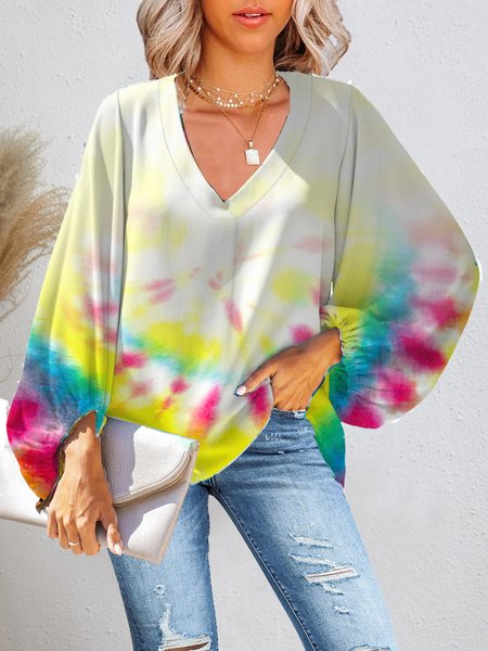 

New tie-dye series slim V-neck sexy lantern sleeves loose long-sleeved chiffon shirt, Yellow, Shirts & Blouses