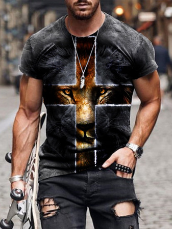

New casual animal and cross print short-sleeved T-shirt, Black, T-shirt