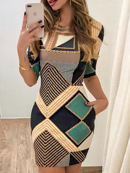 

Casual Crew Neck Loosen Geometric Dresses, As picture, Casual Dresses