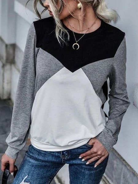 

Casual Loosen Crew Neck Color Block Long Sleeve Shirts & Tops, As picture, T-Shirts