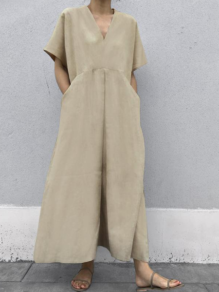 

Loose plus size casual short-sleeved dress, Khaki, Maxi Dresses