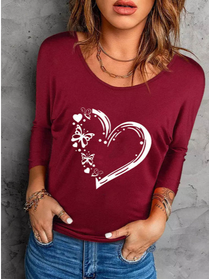 

Valentine's Day Printed Crew Neck Regular Fit Shirts & Tops, Wine red, Tops