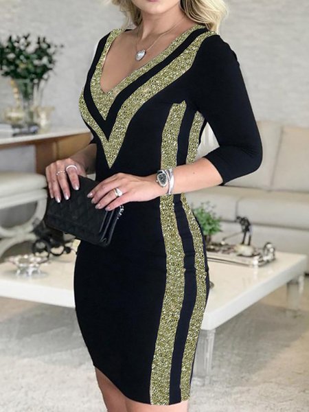 

Elegant Solid V neck Long sleeve Dress, Black, Midi Dresses