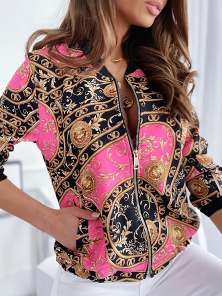 

Long Sleeve Baroque Print Zipper Design Jacket, Pink, Jackets