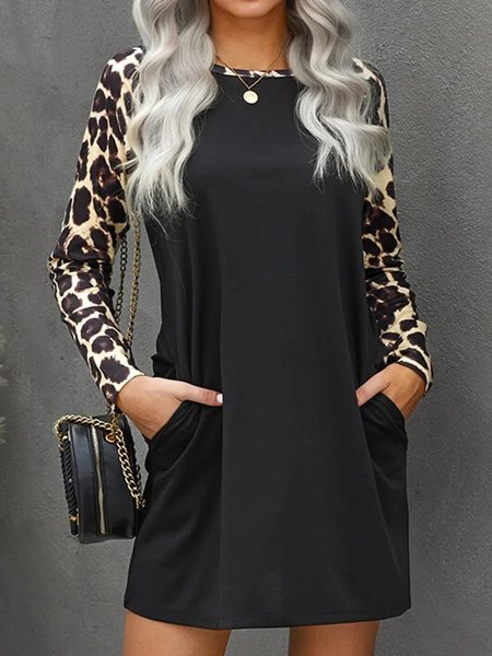 

Leopard Patchwork Pockets Crew Neck Long Sleeve Casual Mini Dresses, Black, Mini Dresses