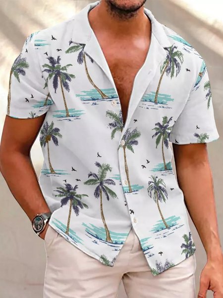 

Mes Coconut Tree Shirt Collar Casual Shirts, White, Short Sleeves Shirts
