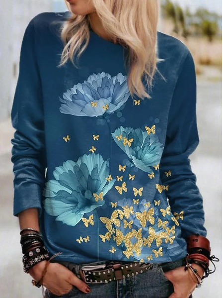 

Round Neck Casual Butterfly Floral Loosen Shirts & Tops, Blue, Tops
