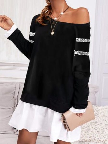 

Sequins Casual Long Sleeve Round Neck Mini Dresses, Black-white, Midi Dresses