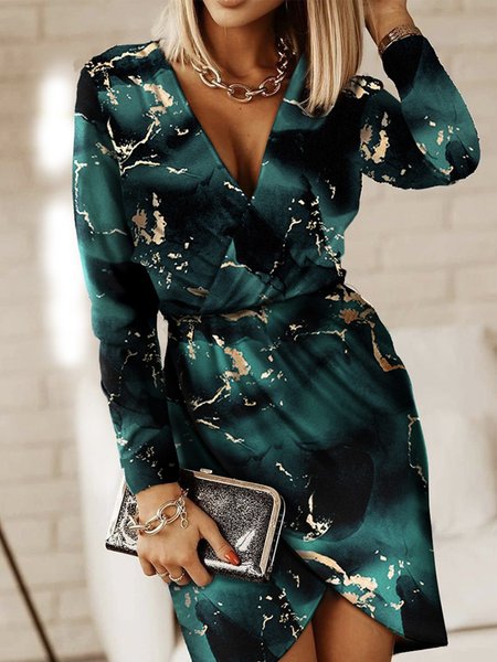 

Tie-dyed Abstract V Neck Long Sleeve Mini Dresses, Deep green, Midi Dresses