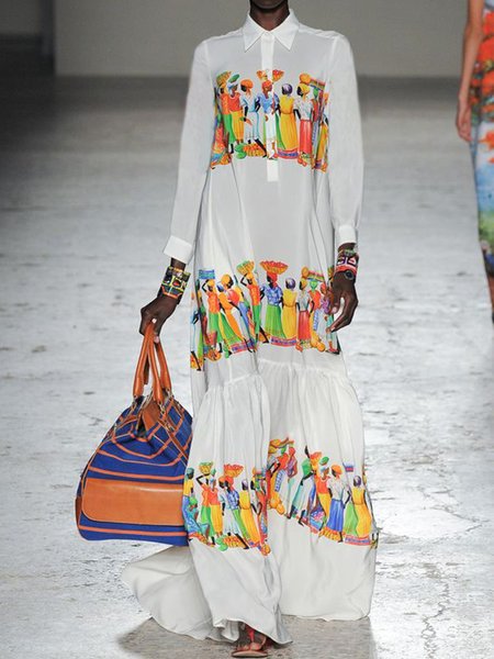 

Vacation Shirt Collar Figure Printed Dress, White, Maxi Dresses