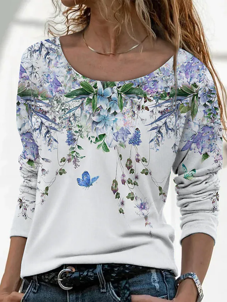 

Floral Butterfly Regular Fit Casual Vacation Shirts & Tops, White, Tops