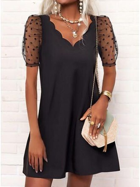 

Mesh V Neck Short Sleeve A-line Mini Dresses, Black, Midi Dresses