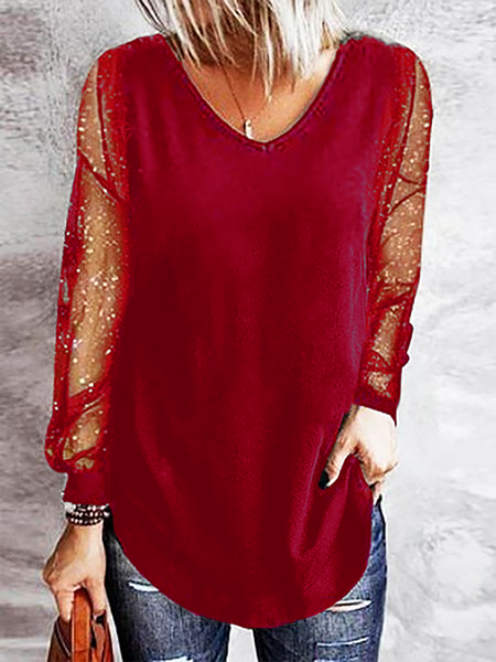 

taglia grande Scollo a V Casuale Top, Rosso, T-Shirts