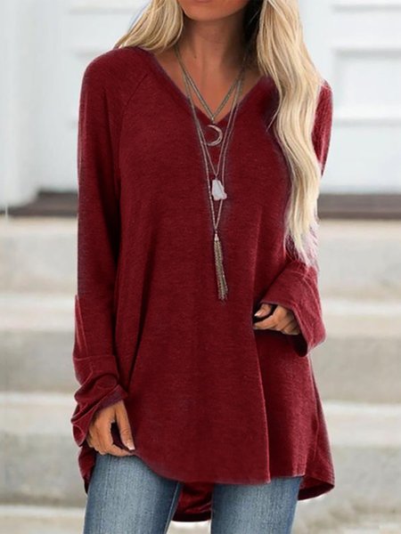 

Casual V Neck Long Sleeves Tunic Shirts & Tops, Wine red, Tops