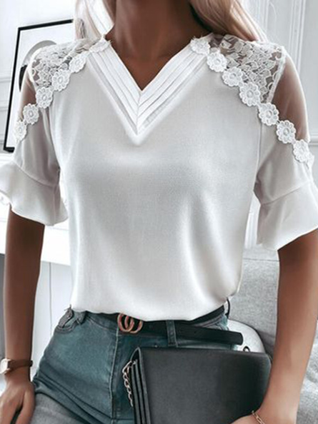 

Plain V Neck Basics Lace Shirts & Tops, White, Tops