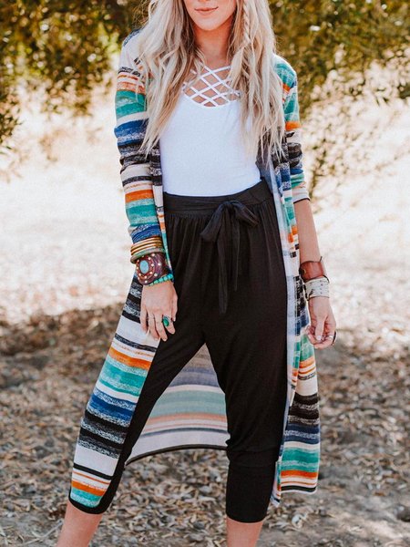 

Stripes Collarless Cotton Blends Long Sleeve Outerwear, Multicolor, Outerwear