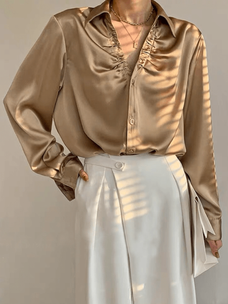 

Spring Long sleeve Plain Satin Long sleeve Daily Household Tops, Khaki, Blouses and Shirts