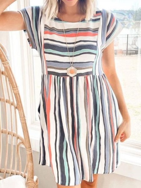 

Short Sleeve Striped Casual Round Neck Dresses, Multicolor, Midi Dresses