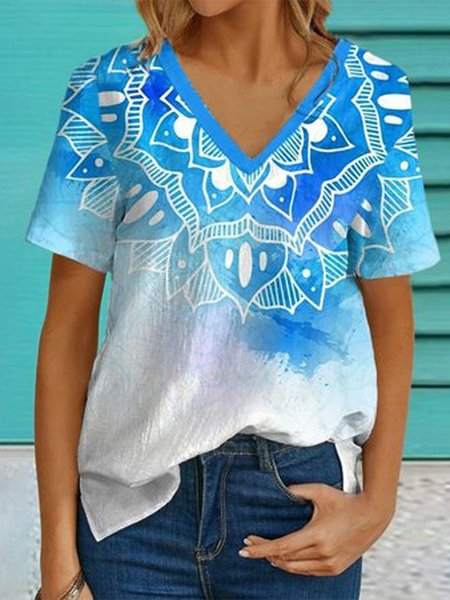 

Mandala Printing V Neck Casual Shirts & Tops, Blue, T-Shirts