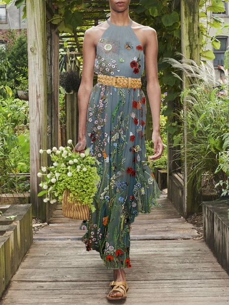 

Vacation Floral Print Halter Neck Maxi Dress, Multicolor, Floral Dresses
