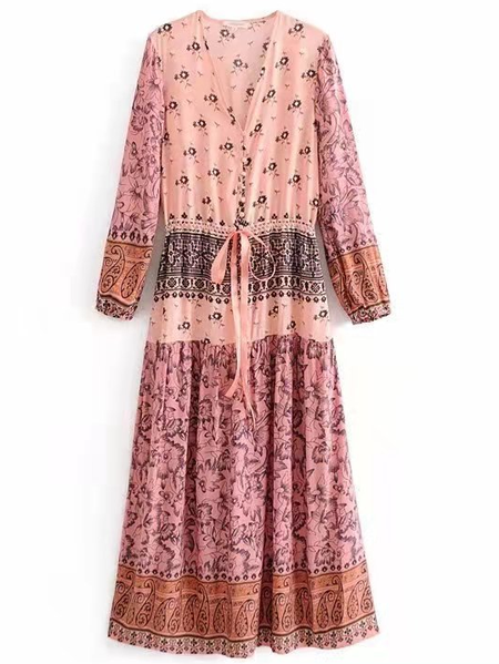 

Bohemian style positioning flower-shaped ribbon hug women's long skirt, Pink, Midi Dresses