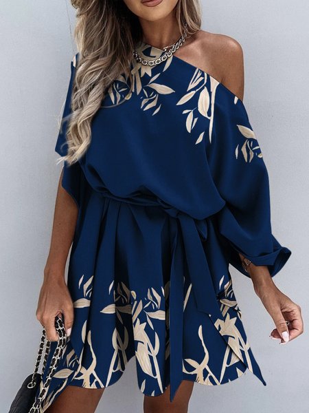 

Floral Asymmetrical Neck Lantern Sleeve Mini Dresses, Deep blue, Midi Dresses