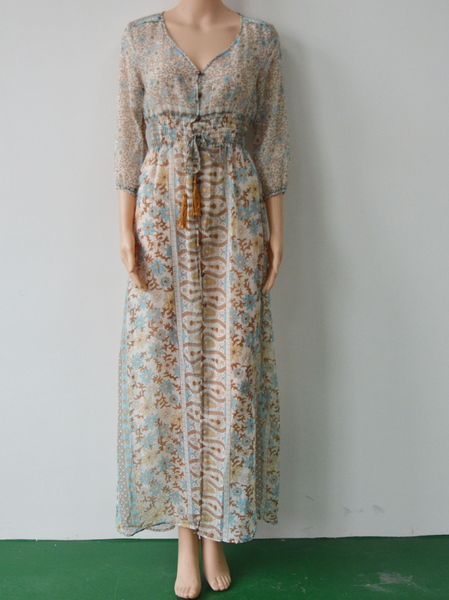 

Bohemian print three-quarter sleeve elastic waist dress, As picture, Maxi Dresses