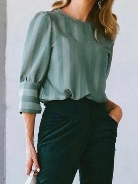 

Elegant Striped Crew Neck Three Quarter Top, Green, Blouses and Shirts