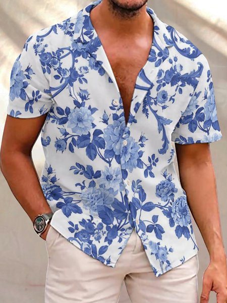 

Mens Flowers Shirt Collar Vacation Shirts & Tops, White, Short Sleeves Shirts