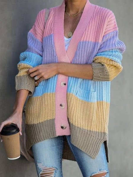 

Long Sleeve Casual Color Block Pockets Outerwear, Multicolor, Cardigans