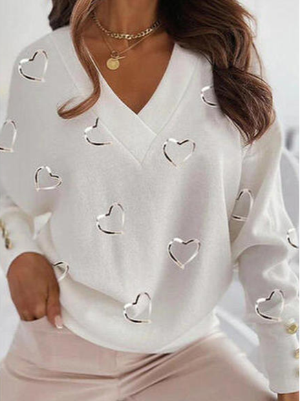

Geometric Casual V Neck Cotton Blends Shirts & Tops, White, Tops