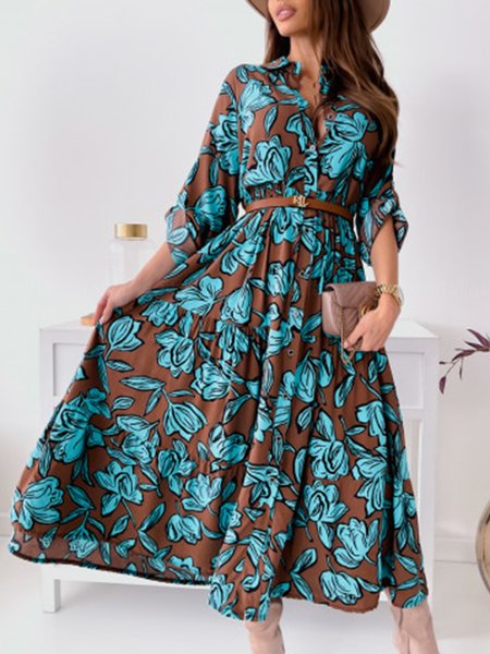 

Flower Fashion Waist Color Dress With Belt, Multicolor, Boho dresses