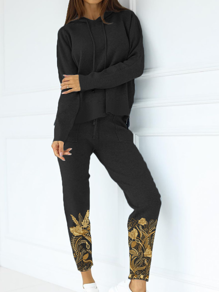 

Floral Print Long Sleeve Casual Suits, Black, Two-piece Outfits