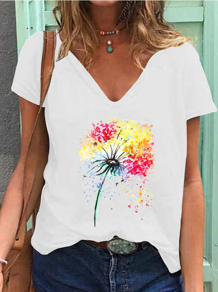 

Loosen Floral Dandelion Printed Short Sleeves T-shirt T-shirt, White, T-Shirts