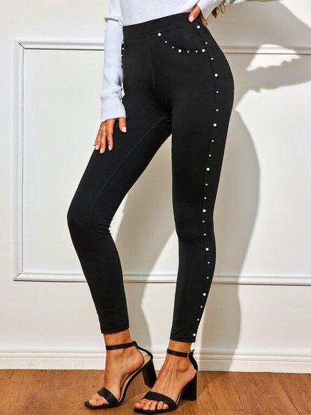 

Plain Beaded Elastic Waist Pockets Plus Size Casual Women Pants, Black, Leggings