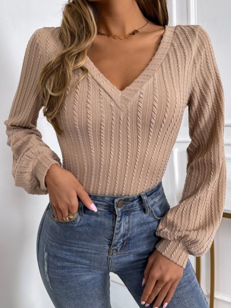 

Long sleeve V-neck plain patterned twist fabric fit high elastic top T-shirt Plus Size, Apricot, Tops