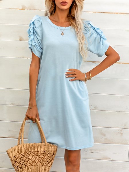 

Round Neck Sky Blue Sleeves Folded Sleeve Plain Dress, Casual Dresses