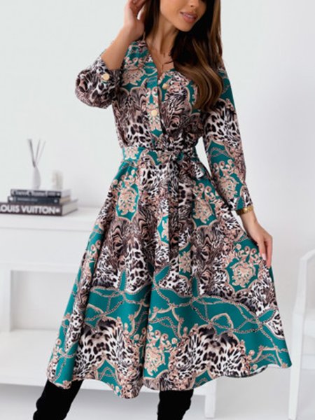 

Fancy leopard print tie waist dress, Green, Floral Dresses