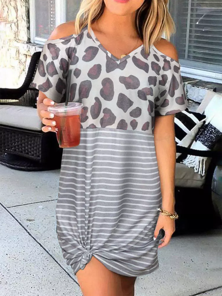 

Leopard Striped Cold Shoulder V-Neck Casual Mini Dresses, Gray, Casual Dresses