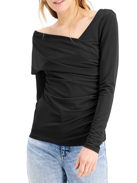 

Solid Casual Asymmetrical Neck Regular fit Top, Black, Tees