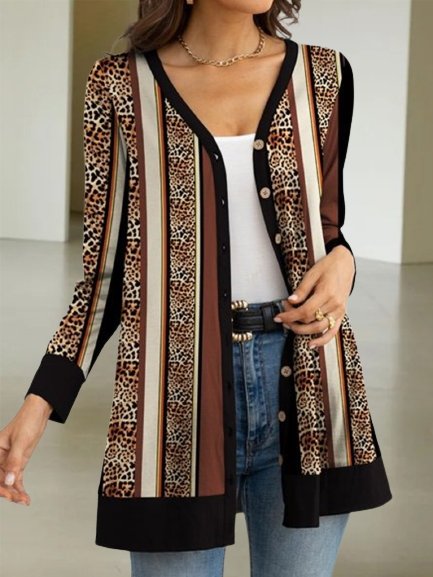 

Leopard Color-block Buttoned V Neck Long Sleeve Casual Outerwear, Multicolor, Outerwear