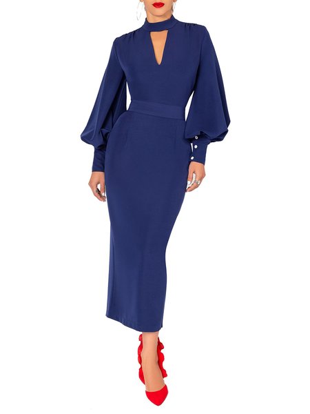 

Solid Elegant Stand Collar Regular fit Dress, Blue, Maxi Dresses