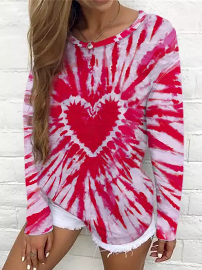 

Valentine's Day Cotton Blends Loosen Tie Dye Shirts & Tops, Red, Tops