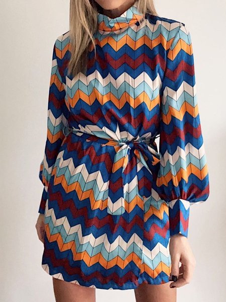 

Stand Collar Striped Regular Fit Dress, Multicolor, Mini Dresses