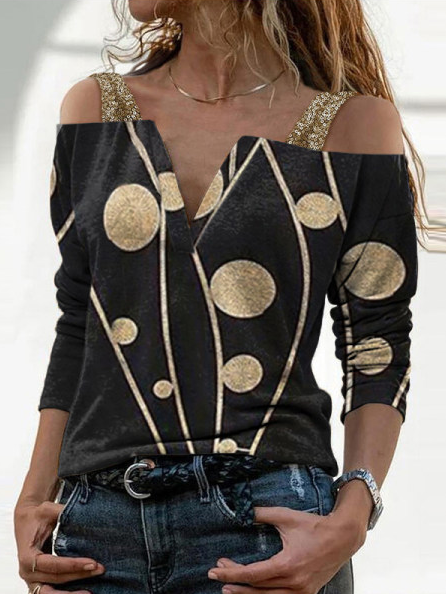 

Fashion Woman daily Long Sleeve Off-shoulder Polka Dot Print Polyester Top, Black, Tops
